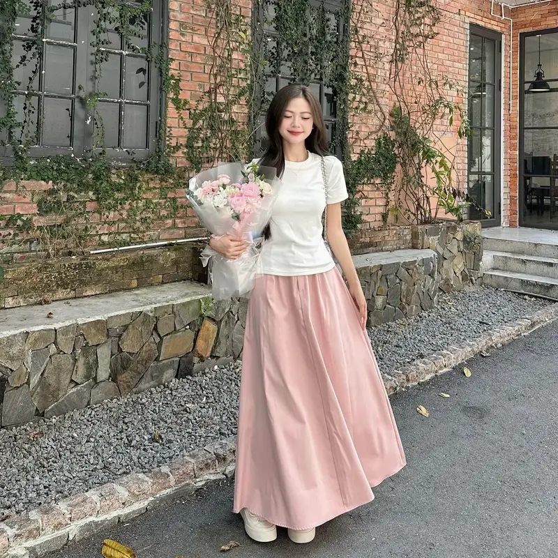Sét Váy Nàng Thơ Gồm Áo Babytee Màu Trắng+ Chân Váy Dáng Dài Chất Thô Nữ 5