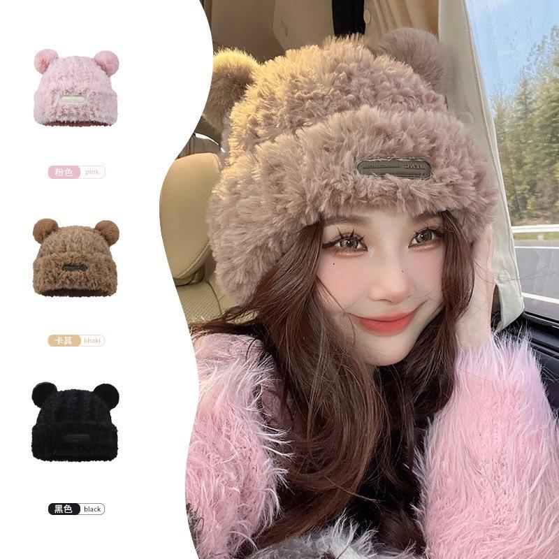 Mũ lông tai gấu trùm đầu co giãn cho nữ thu đông nón trùm đầu dễ thương Women Hat Cap Len