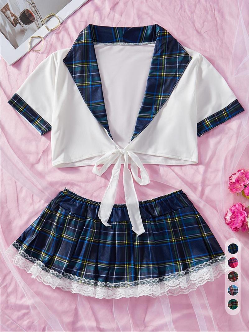 Product Introduction of Women's Contrast Binding Tie Front Crop Top & Plaid Print Contrast Lace Skirt Set, Short Sleeve Crop Top & Elastic Waist Short Skirt Set, Valentine's Day Gift, Women's Two-Piece Set For Summer 6