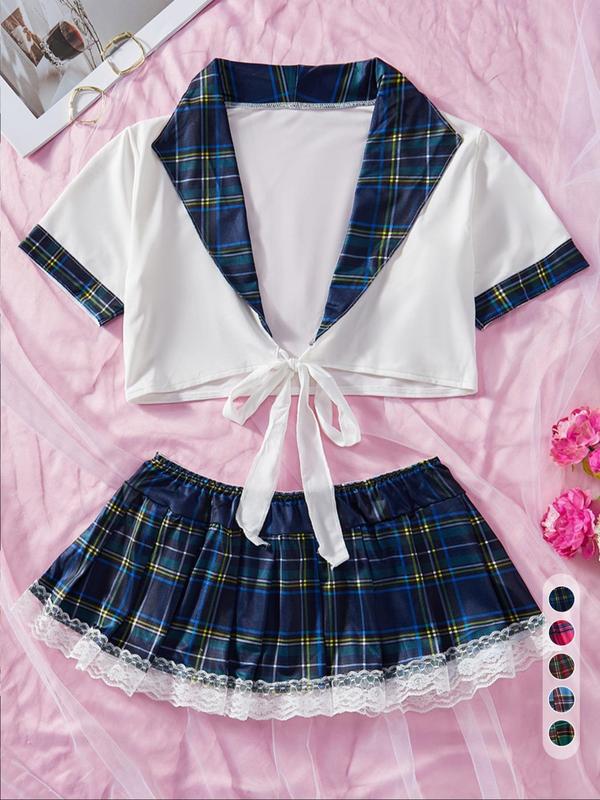 Women's Contrast Binding Tie Front Crop Top & Plaid Print Contrast Lace Skirt Set, Short Sleeve Crop Top & Elastic Waist Short Skirt Set, Valentine's Day Gift, Women's Two-Piece Set For Summer 0