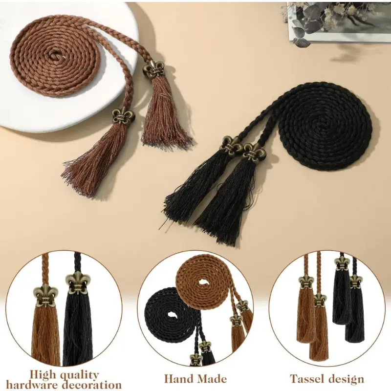 Women's Skinny Tassel Braided Waist Belt Braided Waistband for Dress Trendy Dress Decorative Handwoven Belt for Skirt Dress 2