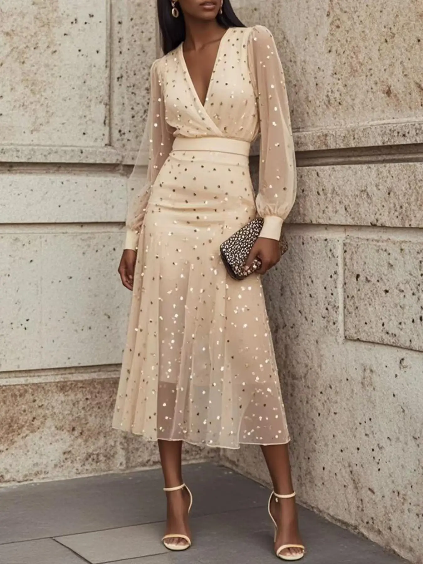Women's Glitter A Line Dress, Elegant Long Sleeve Dress for Party Evening Formal Occasions, Ladies' Clothes for Spring & Fall