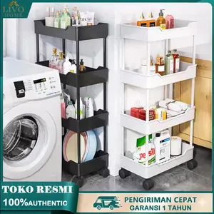 Livohome Rak Troli 4 Susun + Roda Viral Muat Banyak Hemat Ruang 4 Roda 360° Plastik Tebal Premium 30kg+ Anti Karat & Pecah Pemasangan 30 Detik Tanpa Alat Warna Hitam & Putih