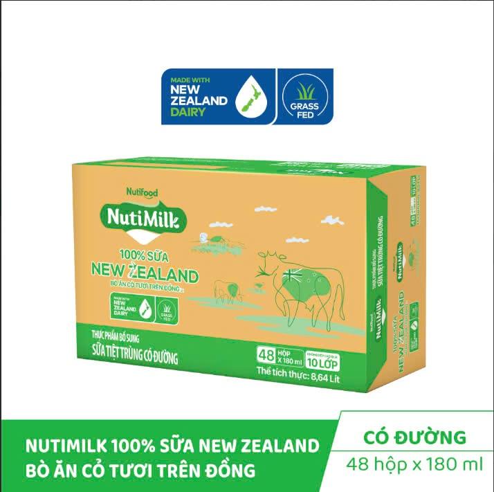 Thùng 48 hộp NutiMilk 100% Sữa New Zealand Bò ăn cỏ tự nhiên Có đường 180ml - BÁCH HÓA NUTI