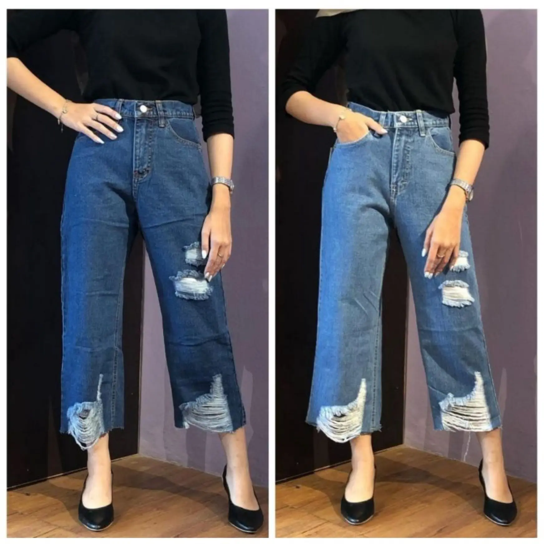 Claudy Cullote Jeans Sobek celana highwaist Wanita Rawis