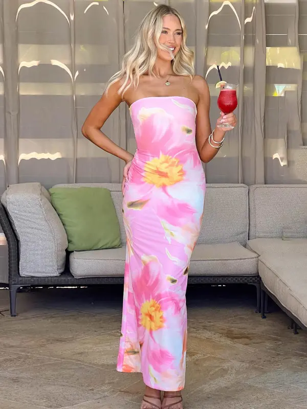 Women's Floral Print Tube Dress, Fashion Casual Sleeveless Strapless Long Dress for Holiday Vacation, Ladies Summer Clothes 2