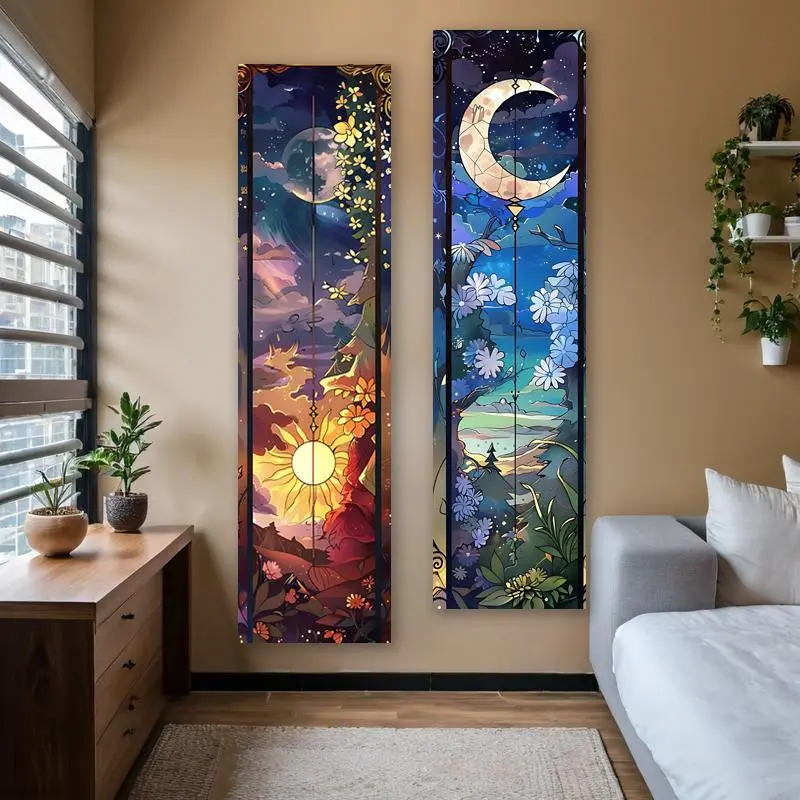 Sun & Moon Pattern Design Wall Hanging Tapestry, 2 Counts/set Tree Of Life Flowers Mountain Long Narrow Tapestry, Wall Decor for Home Living Room Bedroom 0