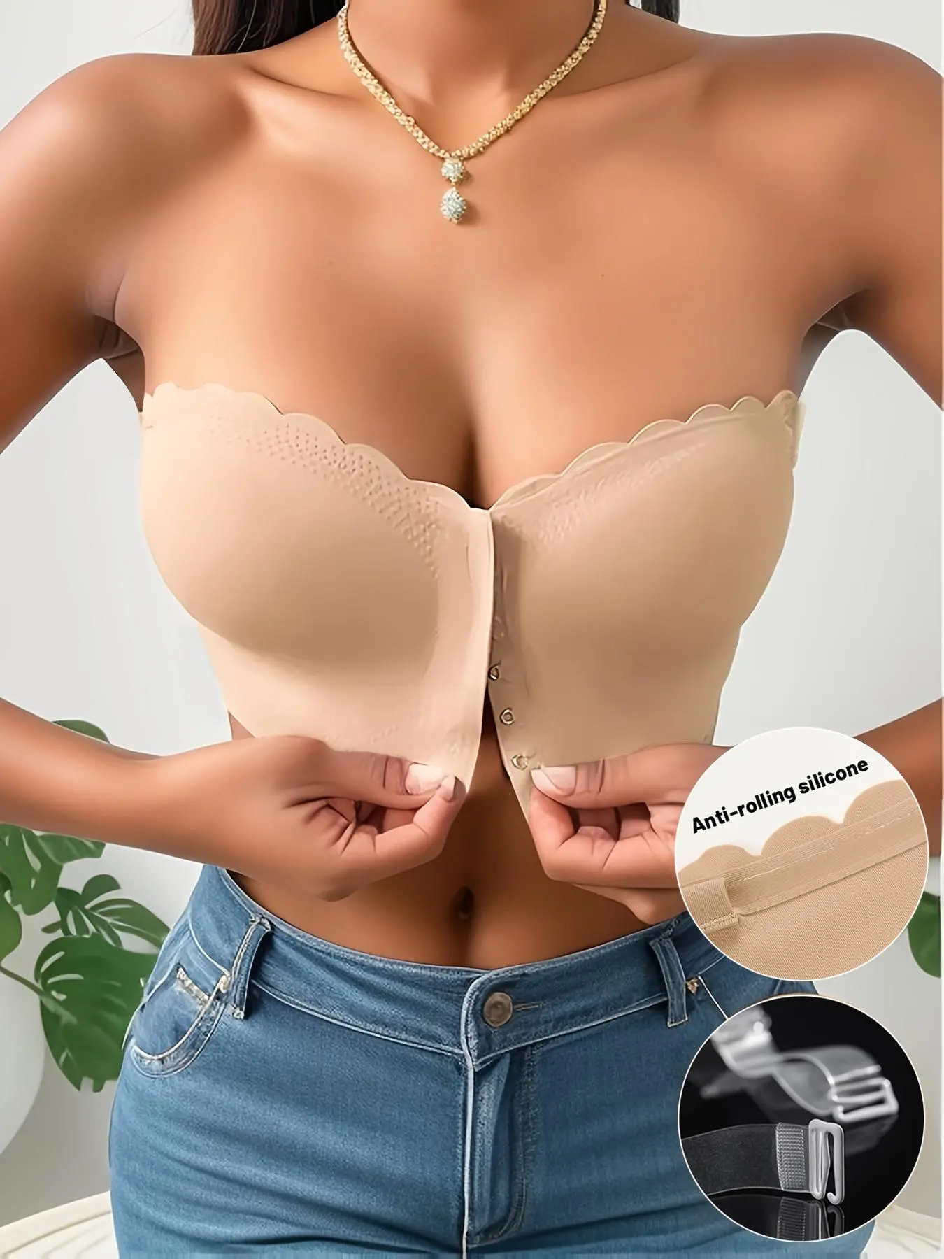 Women's Scallop Trim Wireless Bra with Detachable Clear Straps, Comfortable Breathable Seamless Hook & Eye Front Bra, Ladies Lingerie for Daily Wear