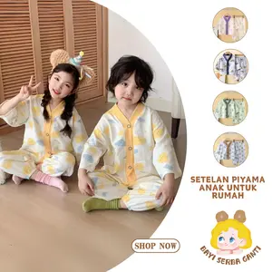 Set pakaian tidur anak-anak kapas impor, model tipis musim panas, pakaian rumah anak laki - laki dan perempuan, set dua benda kemeja pendek anak