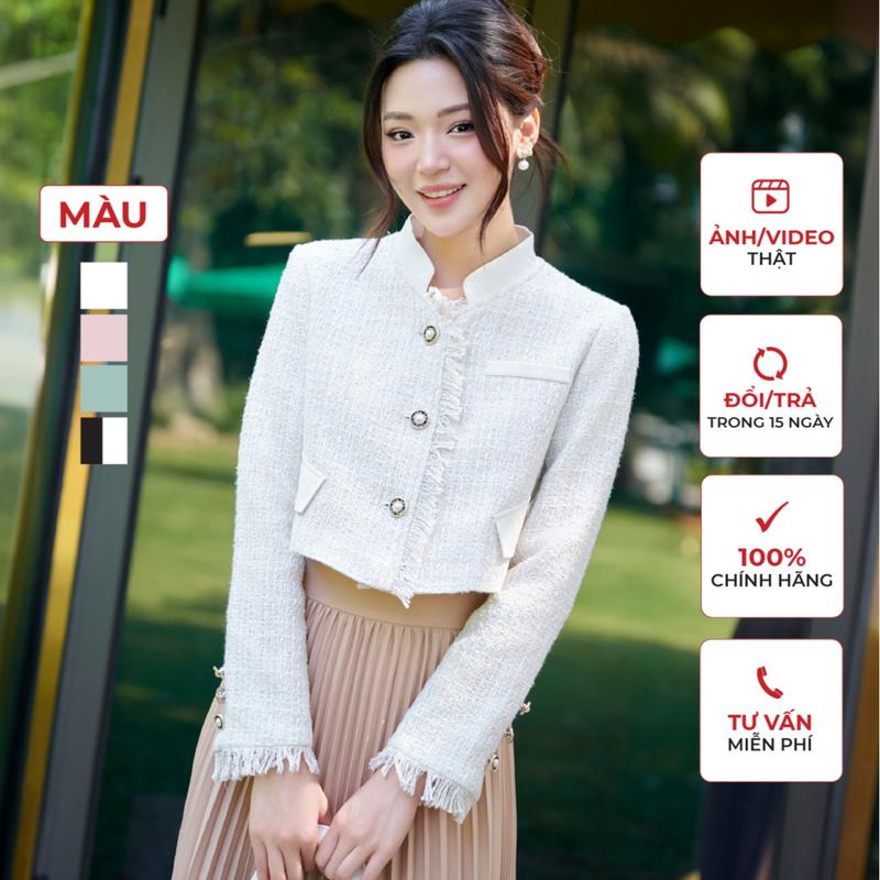 Áo Khoác Nữ CCHAT TTMS Kiểu Blazer Tweed Tua Rua Dang Suông 23EHZ8005ST