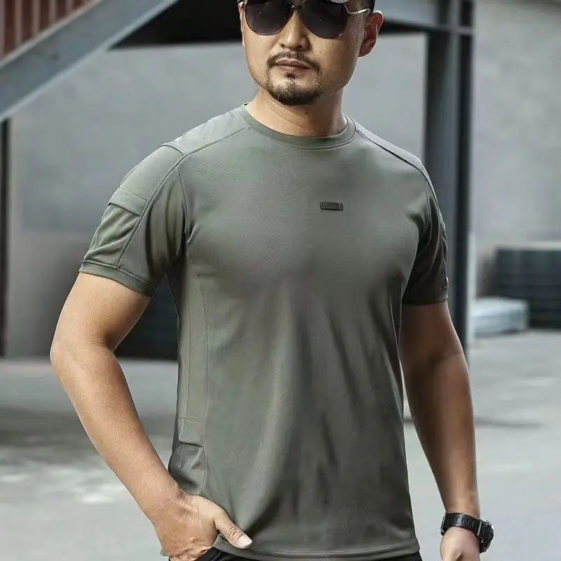 Quick-Drying T-shirt Multi-Pocket T-shirt Men's Sports round Neck Tactical Breathable Fitness Shirt