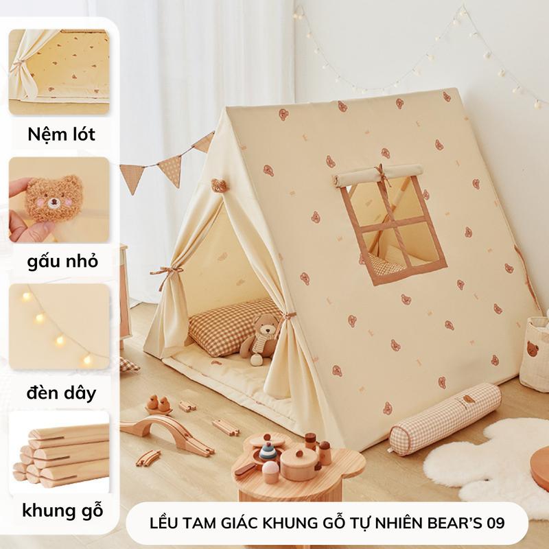 Lều tam giác cho bé, lều vải khung gỗ phong cách Hàn Quốc Bear's 09