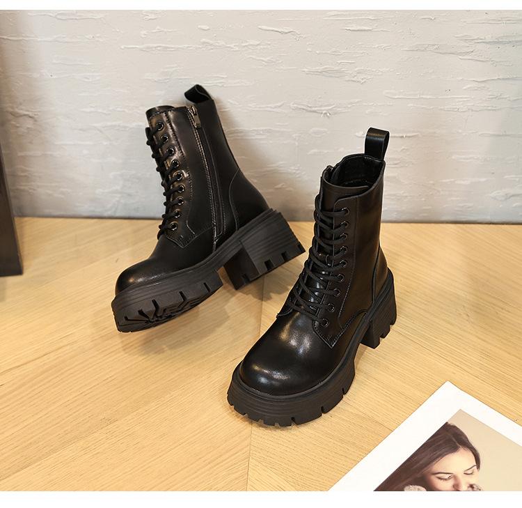 Product Introduction of In Stock Women's Boots Retro Korean Type Martin Boots Thick Bottom Height Increasing Women Shoes Genuine Leather Platform Martin Boots Women's British Style Chunky Heel Small Man Elevator Ankle Boots Spring and Autumn Boots Winter Suede Boots 20