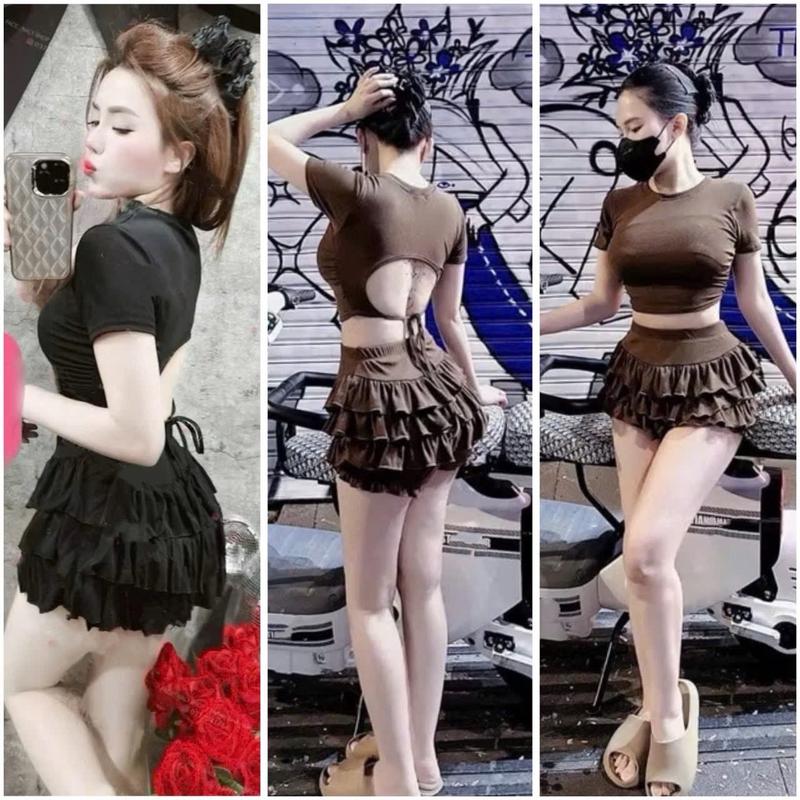 Sét quần ngắn giả váy bèo tầng kèm áo croptop ngắn hở lưng cột dây xinh xắn tôn eo cho nàng