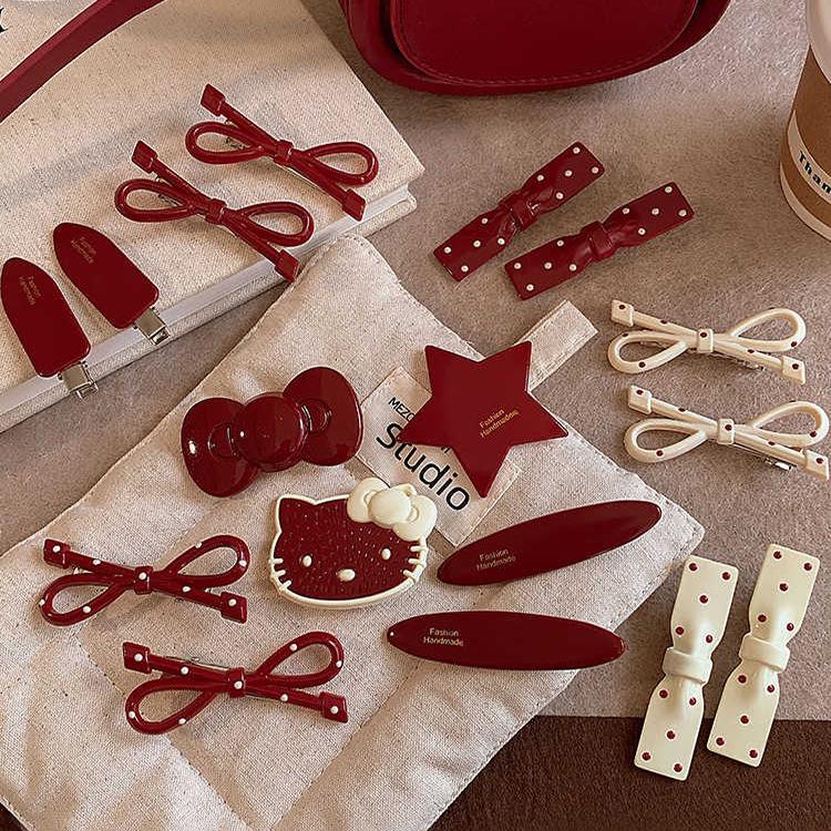 Product Introduction of Ankola Red Bow Hair Clip for Women New High-end Forehead Bangs Side Clip Duckbill Clip Hairpin 2
