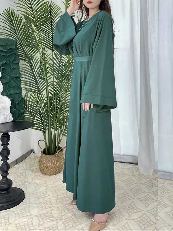 Arabic Clothing-Solid Long Sleeve Belted Tie Back Arabian Dress, Elegant Casual Long Dress for Daily Wear, Women's Islamic Clothing for All Seasons 2