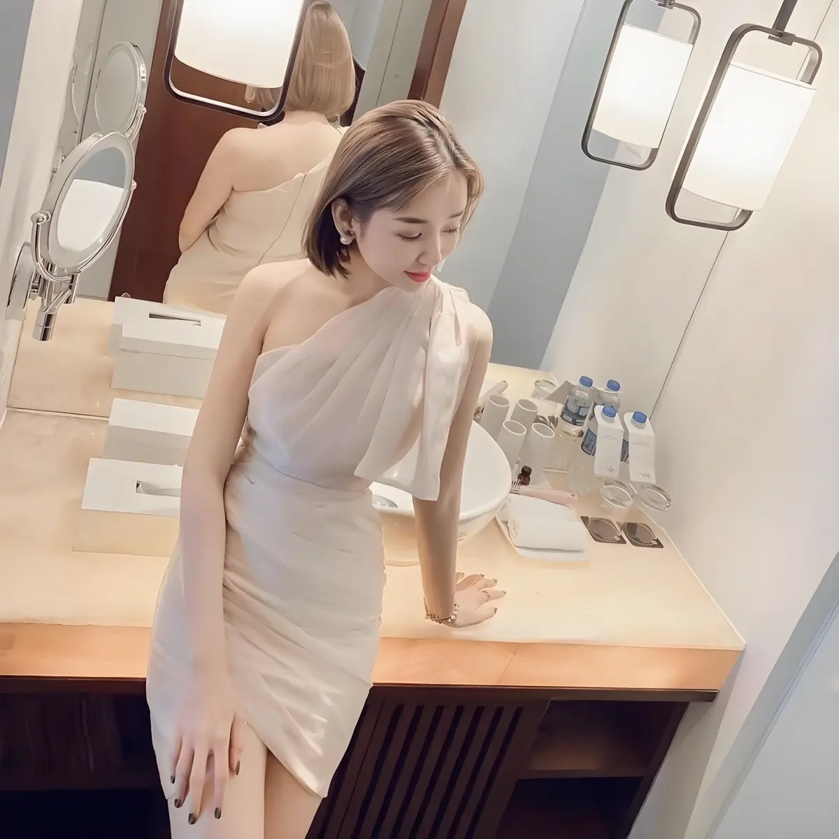 Đầm lệch vai xếp eo 2 màu SL