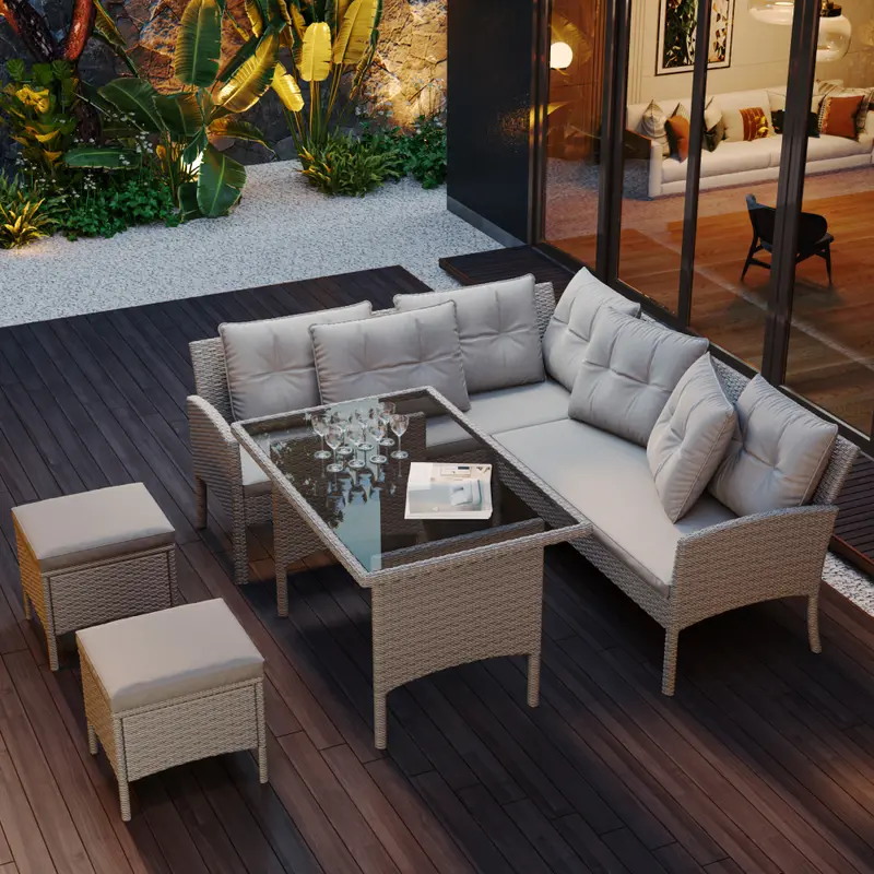 6-7 Seater Rattan Corner Sofa Set with Coffee Table - Mixed Khaki Wicker Garden Furniture - All-Weather Patio Set with Removable Light Cushions Chairs Couches 2