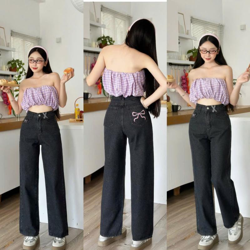 ( Suông 9 tấc ) QUẦN SUÔNG LƯNG CAO THÊU NƠ HỒNG MÃ 205 Nữ Jean Women Pants