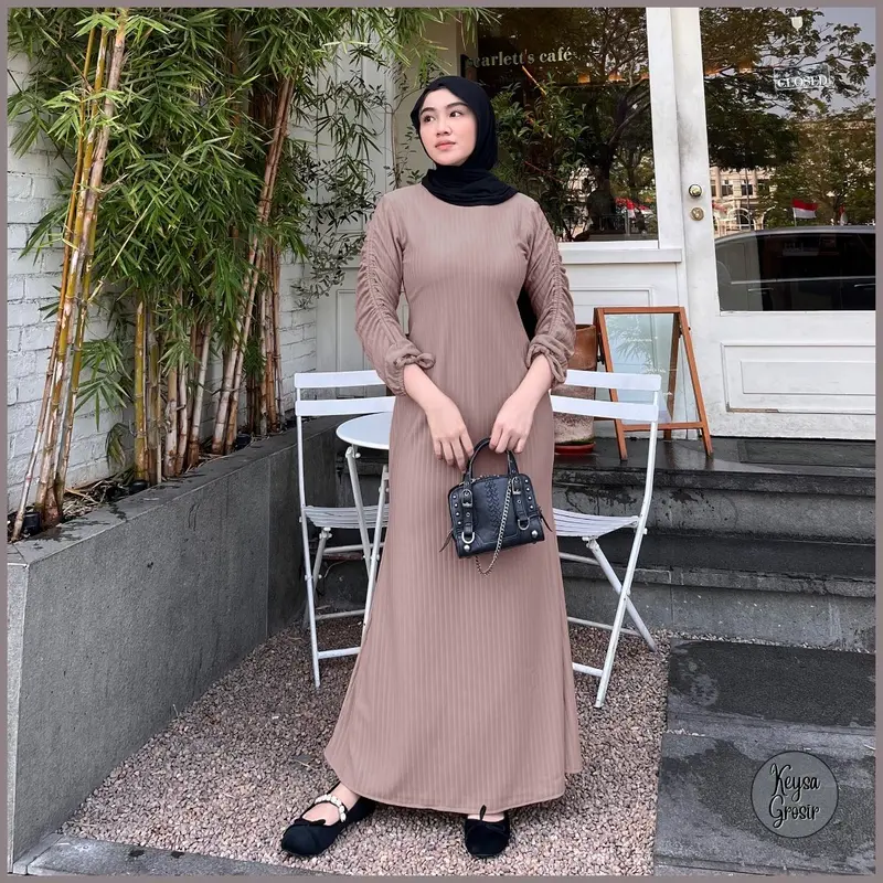 Baju Wanita Jennie Dress Hornet Knit Lengan Serut Muslim Nyaman Panjang Gamis  Maxi Pesta Remaja 8