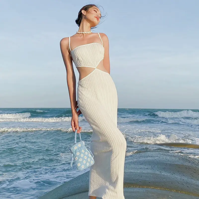 Đầm Bodycon Dài Cho Nữ, Màu Trơn Cắt Xẻ, Cạp Cao, Không Tay, Váy Hai Dây, Đầm Hở Lưng Buộc Dây Chéo Mùa Hè Women Khuy Voan Dress