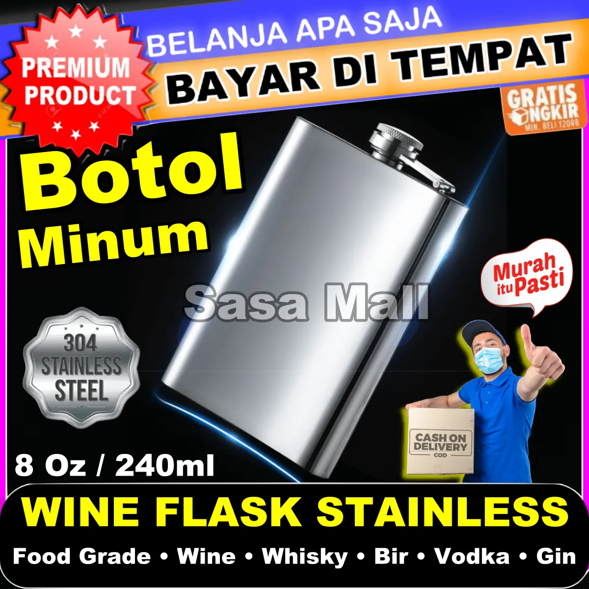 Botol Air Minum Minuman Keras Bir Hip Flask Wine Whiskey Vodka Gin Spirit Tequila Anggur Water Bottle 8 Oz 240ml Stainless Steel Food Grade Kaleng Tebal Produk Import Best Quality Wadah