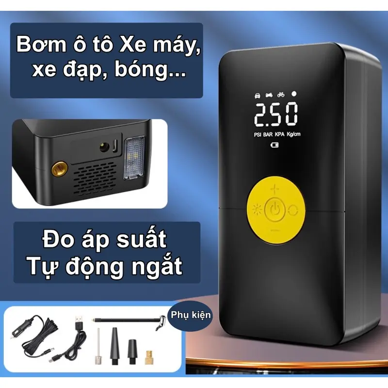 Bơm lớp ô tô xe máy... có sạc pin- Bơm mini tự động ngắt tiện dụng 0