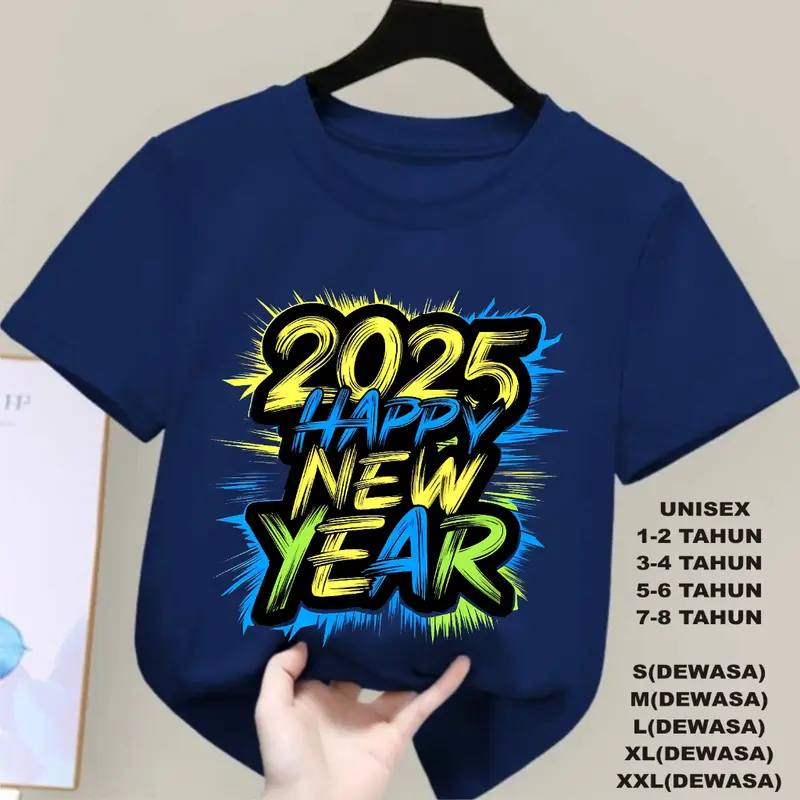 KAOS HAPPY NEW YEAR 2025 TULISAN DTF, KAOS ANAK ANAK, KAOS DEWASA UNISEX , KAOS OBLONG 2