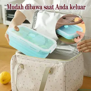 Kotak Makan Siang Lipat Silikon Food Grade Anti Tumpah Aman untuk Microwave Tempat Makan Praktis Kotak Penyimpanan Segar Portable Kulkas Camping