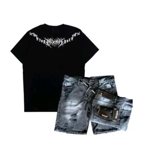 Setelan Kaos Rock dan celana jeans sobek pendek