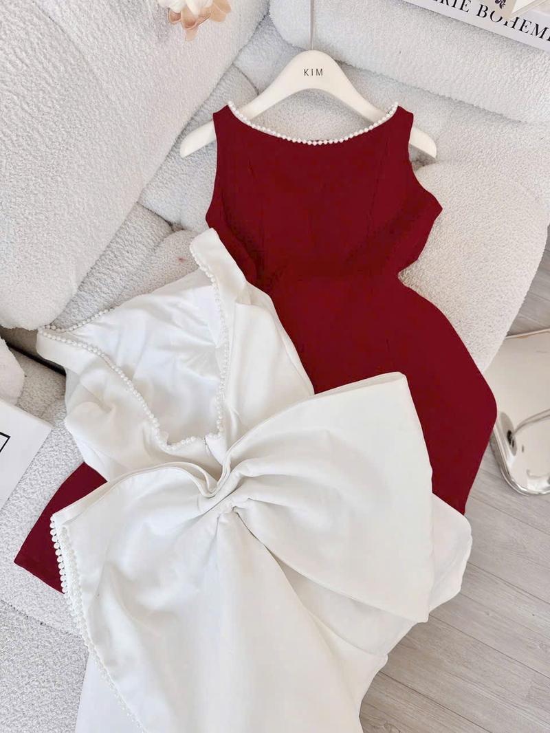 Product Introduction of ( Sam’s Clothing ) Đầm nữ hở lưng đính nơ to viền dây ngọc dáng ngắn xinh xắn Women 17