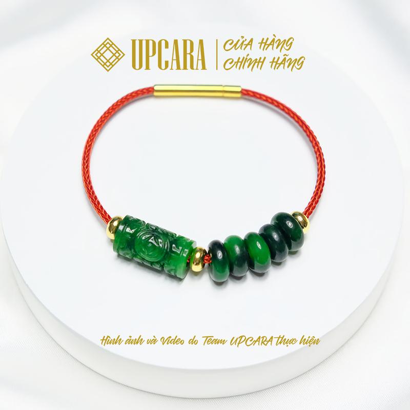Vòng tay lu thống chạm phối ngũ điếu cẩm thạch sơn thuỷ xanh đen mệnh thuỷ mộc hoả UPCARA