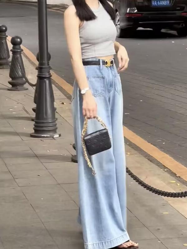 Product Introduction of Tiktok Shop-Large Size Super Wide Leg Denim Culotte Women's Summer New Loose High Waist Slimming Design Light Color Bell-Bottoms Tide Jeans Lingerie Lady Pants Trouser Streetwear Basic Minimalist Comfort 1