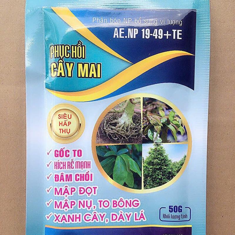 Phân Bón Phục Hồi Cây Mai chậm phát triển giúp ra rễ mạnh, đâm chồi nhiều, gốc to, cây xanh dày lá tốt xum xuê gói 50g