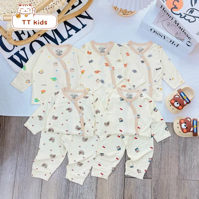 (Tặng vòng dâu) Combo 3 bộ - 5 bộ quần áo dài tay khuy chéo màu kem quần đáp đũng vải thun lạnh petit cho bé từ 3-9kg 2