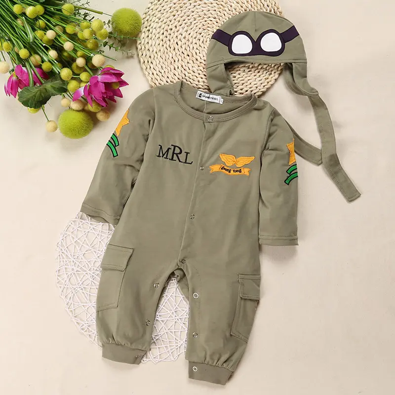 Baby Boys 2Pcs Outfit Long Sleeve Pilot Romper Jumpsuit + Cap Army Green Autumn Clothing Set