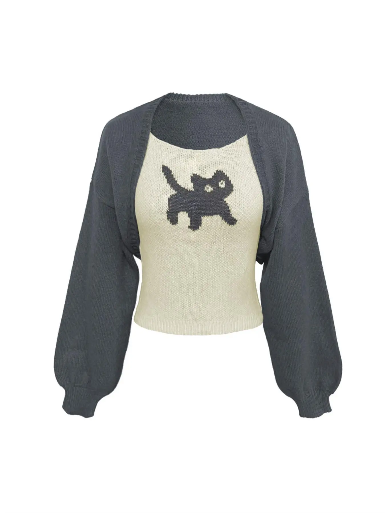 Two-piece Set Women's Cat Print Cami Top & Drop Shoulder Cable Knit Cardigan Set, Casual Fashion Cozy Knitwear Set for Daily Outdoor Wear, Women Knitwear for Spring & Fall
