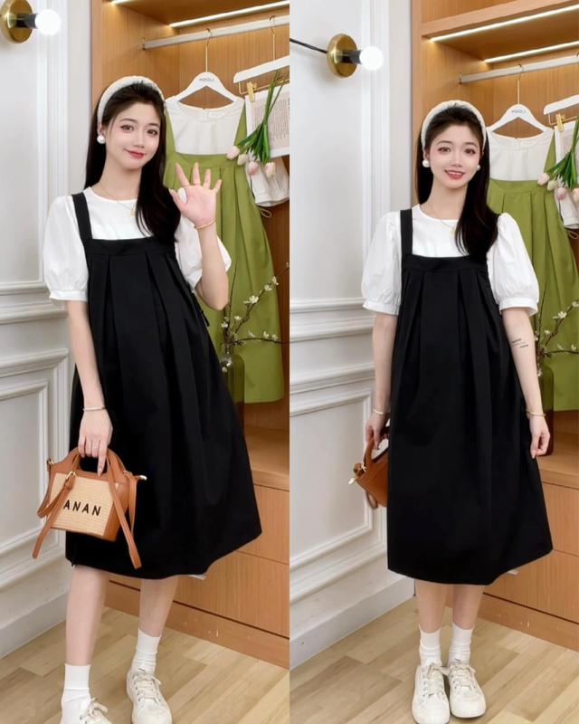 Đầm váy bầu-Set yếm bầu liền phối áo cộc tay trắng-Váy bầu công sở thiết kế dáng suông mặc đi làm quà tặng