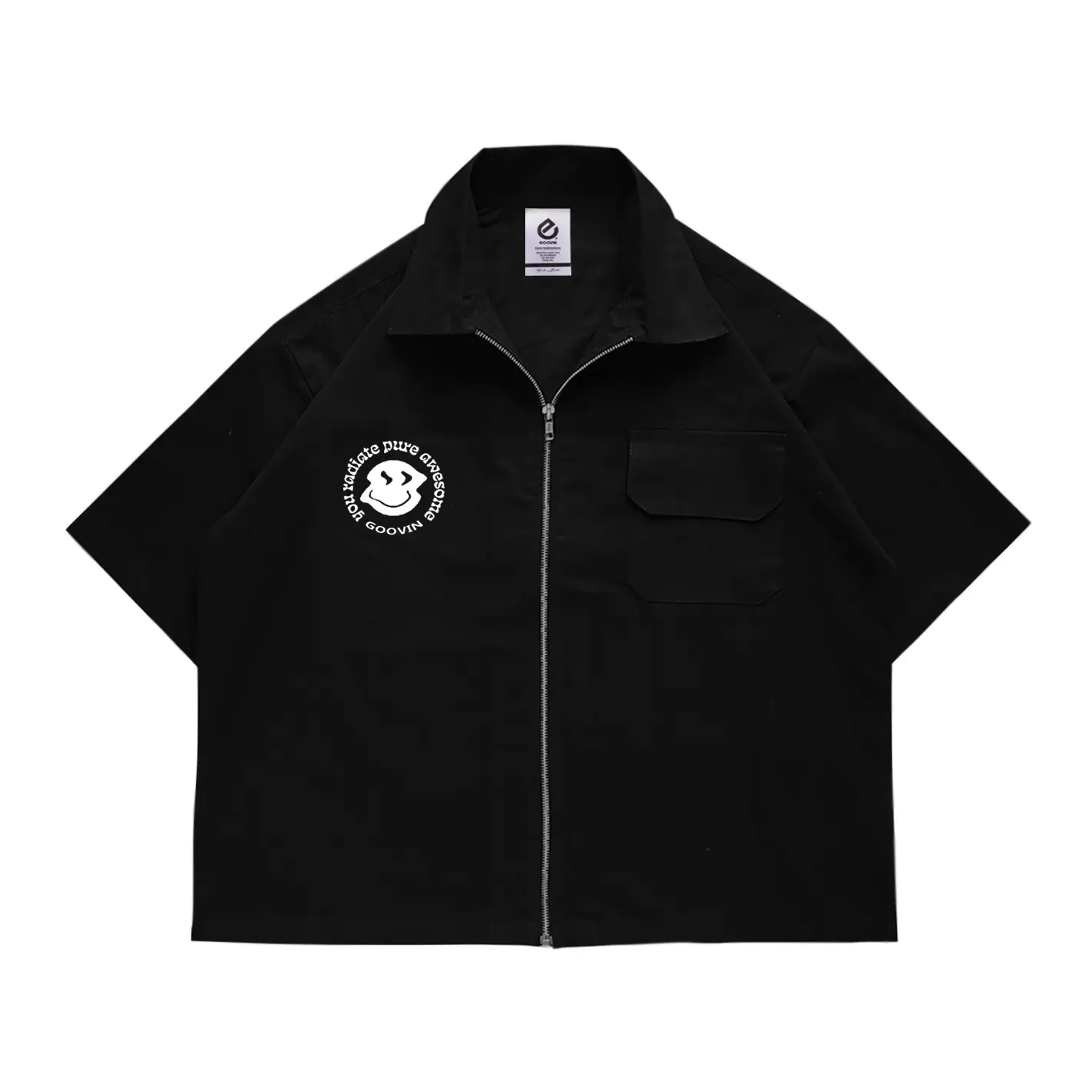Goovin Workshirt zipper Kemeja Pendek Boxy Fit Katun Hitam Kerah Oversize ke meja