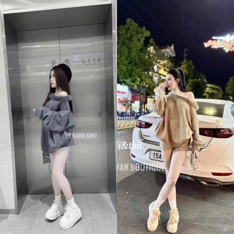 Sét Bộ Lệch Vai Chất Len Lông Thỏ Phối Lông Cổ Dành Cho Nữ Mặc Thu Đông Cá Tính by T.LINH STORE 68 Women Áo