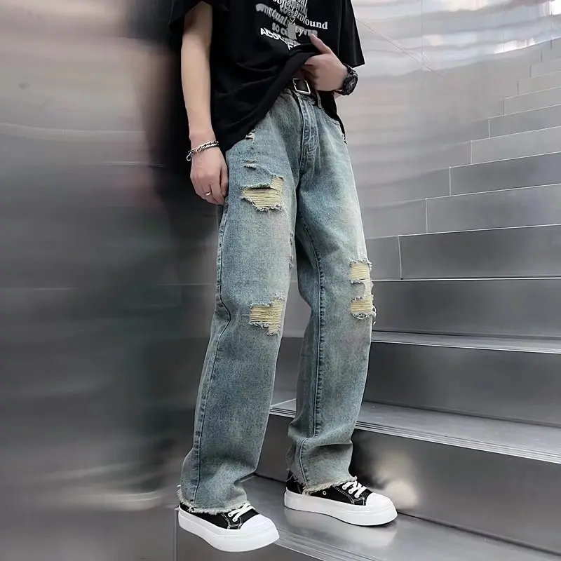 Quần Jean Ống Đứng Dáng Rộng, Phong Cách Preppy Nam, Xu Hướng Hip Hop Đường Phố, Cài Nút, Ngoại Cỡ, Thoải Mái, Quần Jean Rách