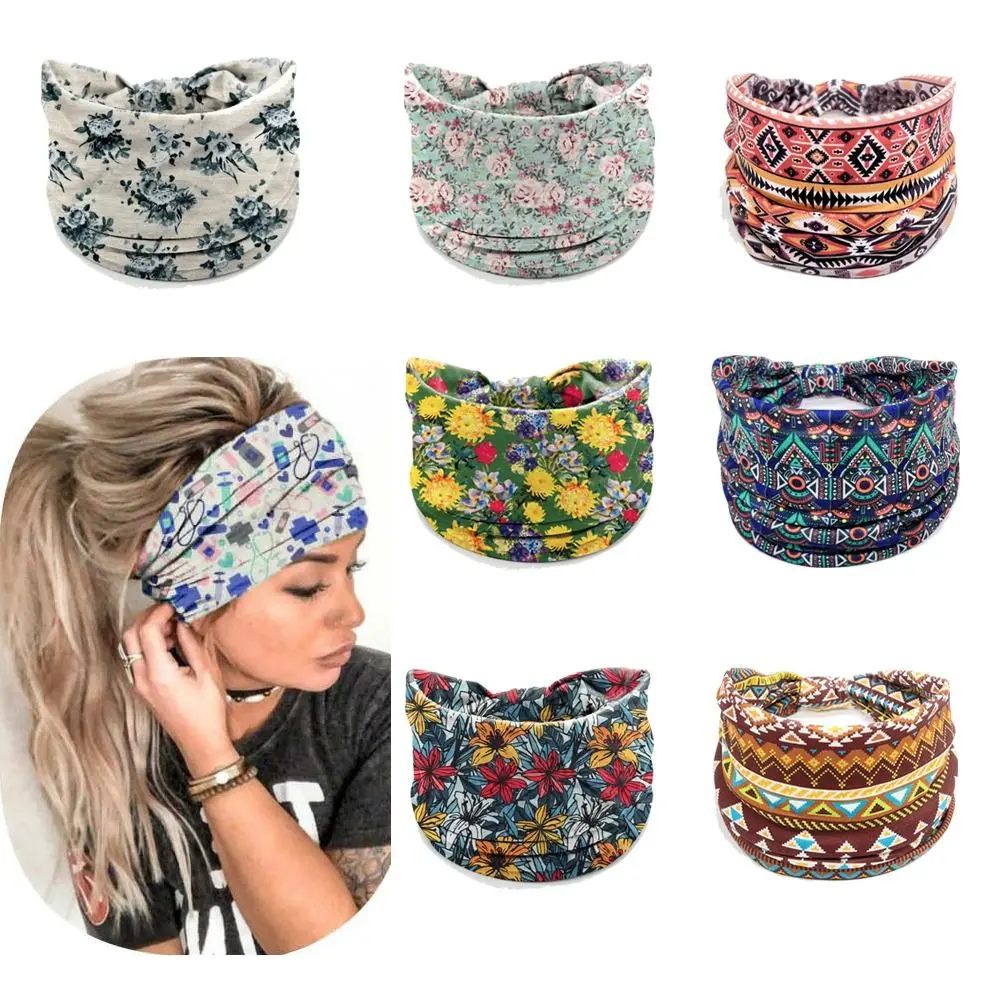 Fashion Bohemian Wide Headband Cotton Stretch Nonslip Workout Headwrap Boho Floral Yoga Sports Sweatband Elastic Turban Headwear