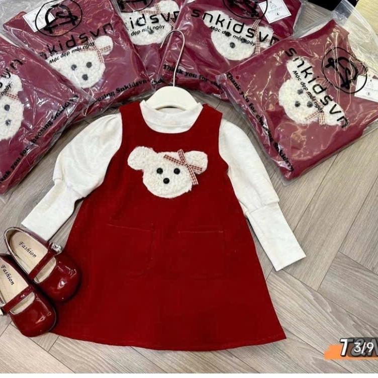 [ 10 - 20kg ] set váy Nhung 2 chi tiết kèm áo lông thỏ gấu đính nơ Hồng 9