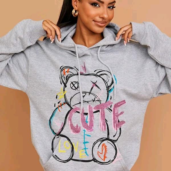 Grey Cute Teddy Graphic Print Hoodie 0