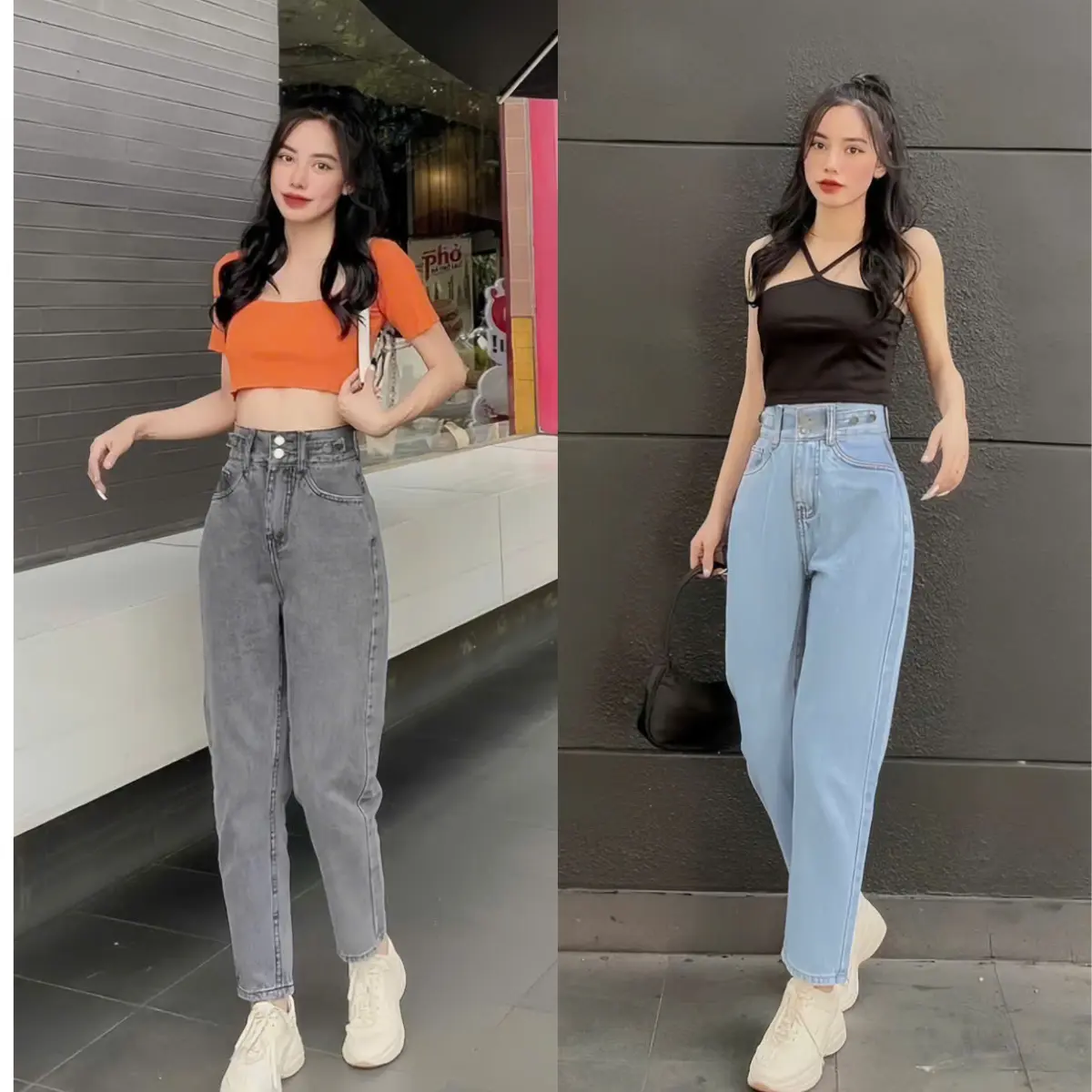 Quần Jeans Baggy 2 Khuy Cạp Lưng Cao, Phong  Cách Trẻ Trung, Quần Bò Nữ