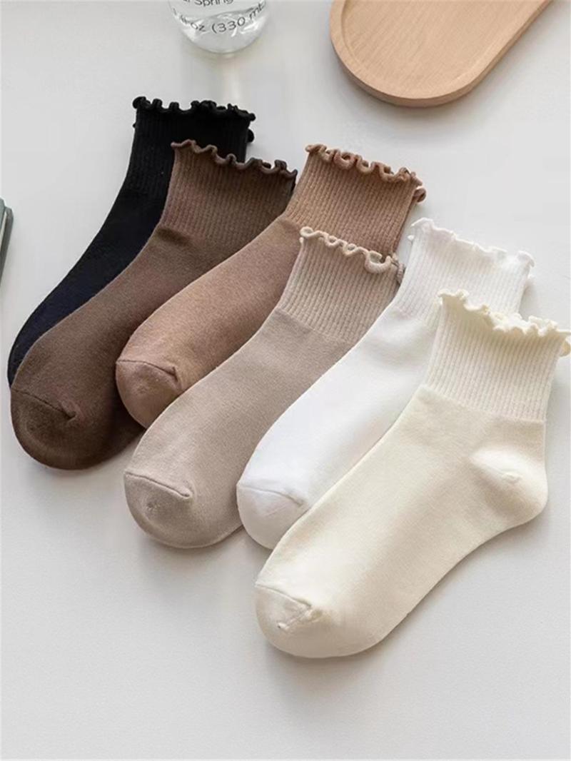 Product Introduction of Women's 6 Pairs Lettuce Trim Crew Socks, Dresssocks, Casual Solid Moisture Wicking Mid-calf Socks, Socks for Women, Soft Comfy Breathable Socks for Spring & Fall Daily Wear, Workwear for Women 0