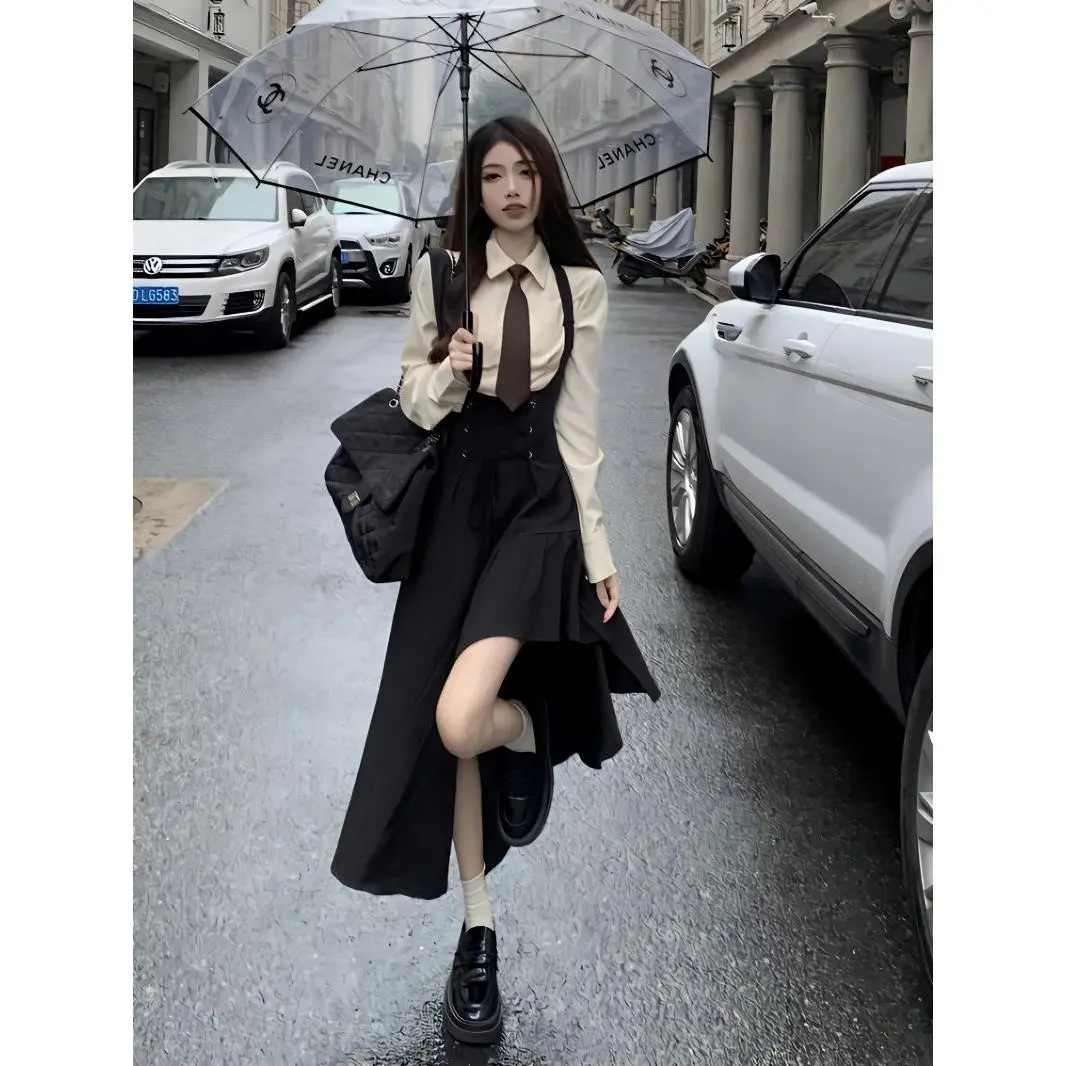 Váy Hai Dây Dễ Thương Và Gợi Cảm, Phong Cách Hàn Quốc Mới, Linh Hoạt Năng, Bộ Đồ Áo Sơ Mi, Hai Mảnh, Retro, Thường Ngày, Cao Cấp, Mùa Xuân
