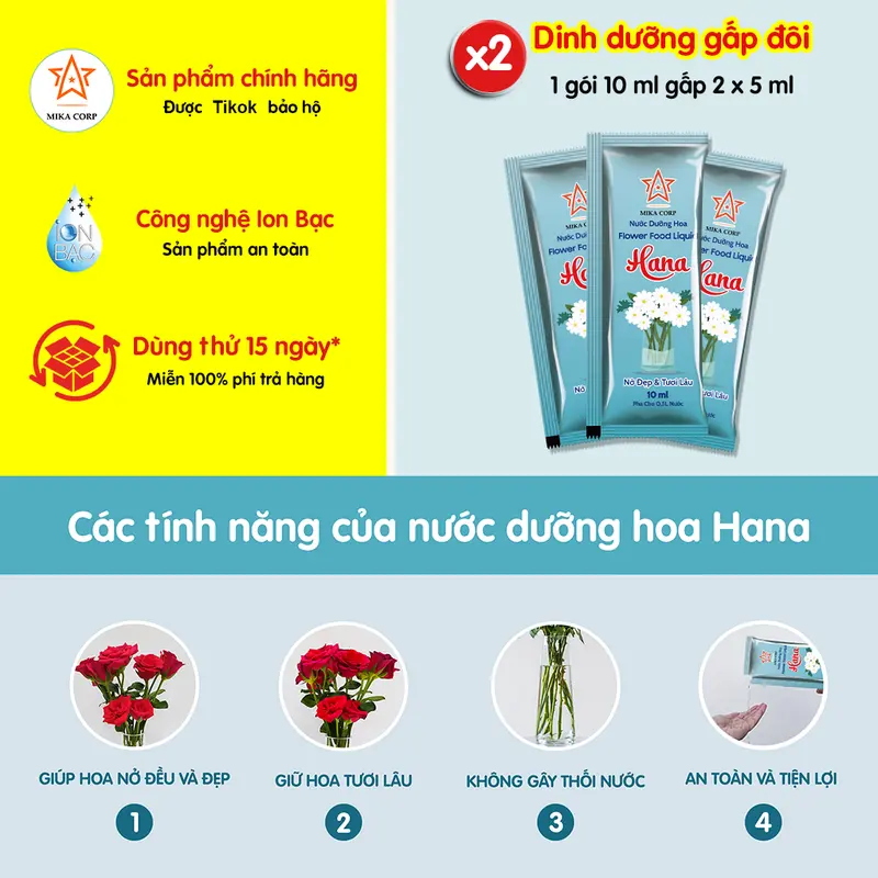 (Freeship) [50 gói x 10ml] Nước Dưỡng Hoa Tươi Lâu Hana - Giúp hoa nở đẹp, giữ hoa tươi lâu, không gây thối nước, không vàng gốc! 1