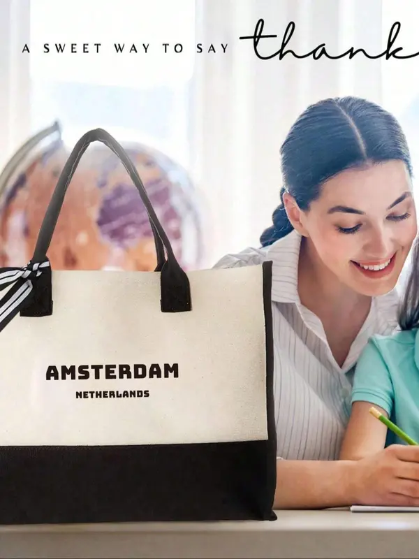 Amsterdam Print Tote Bag, Casual Large Capacity Shoulder Bag for Women & Men, Trendy All-match Bag for Daily Use 3