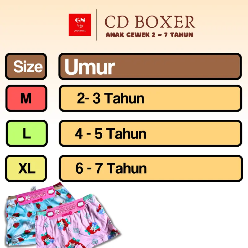 6 Pcs | Celana Dalam Boxer Anak Perempuan Usia 2-7 Tahun | Golden Nick 083 078 | Bahan Katun Full Print 5